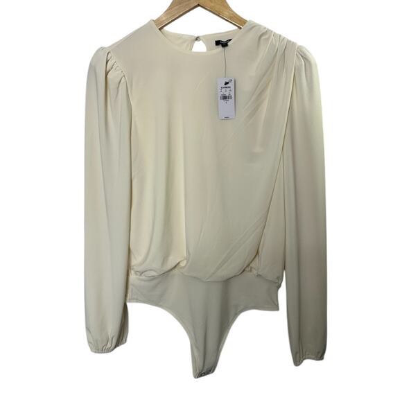 Express Swan Ivory Skimming Crew Neck Puff Sleeve Bodysuit Women's Small NEW - Picture 1 of 5